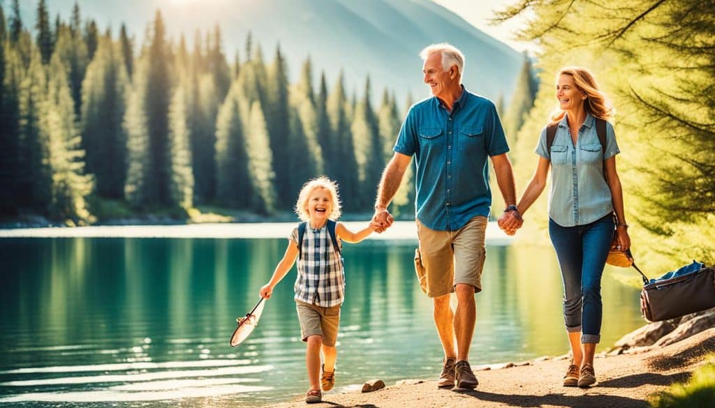 Family exploring lake during camping trip Family exploring lake during camping trip